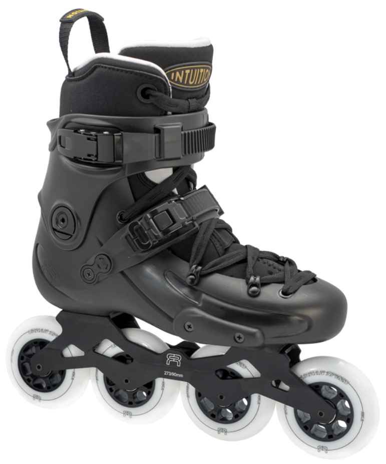 black FR1 90 Intuition inline skate with four white wheels of 90 mm diameter